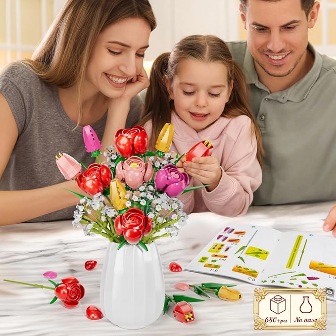 Utbttor Flower Bouquet Building Kit Red Rose &amp Tulips 680 Pcs Building Blocks Set - Valentine's Day Mother's Day Christmas Birthday Gift for Adults Women Her Home Office Decor No Vase