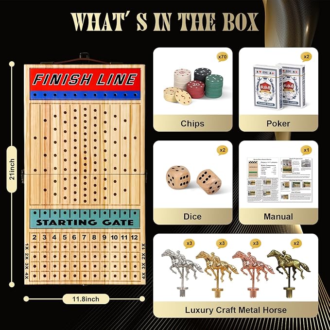 21 Inches Horse Racing Game Horse Race Board Games with 11 Luxury Metal HorsesThickened Wood ChessboardChipsCards and Dice Classic Wooden Table Top Board Games for Adults and Family