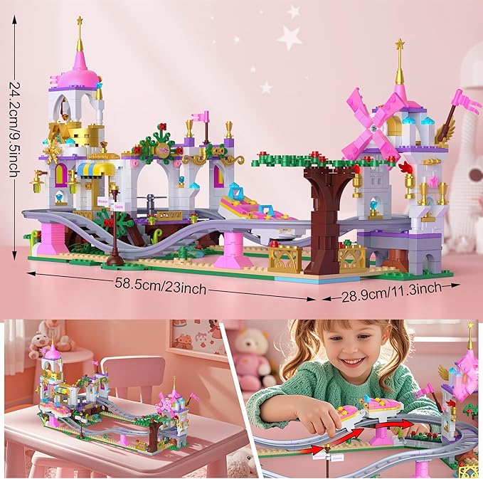 Castle Roller Coaster Building Set STEM Amusement Park Construction Kit for Kids Creative Pink Playground Blocks Birthday for Girls Boys Ages 6-12 (749Pcs)