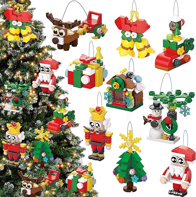 JOICEE Christmas Ornaments Building Blocks 18 Pack Xmas Tree Ornaments Building Sets with Strings Hanging Decoration Toys for Kids Holiday Party Favors Gifts Stocking Stuffers