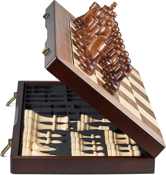 AMEROUS 17'' Magnetic Wooden Chess Set for Adults Kids - with Folding Board Gift Package Pieces Storage Slots Handmade PiecesChess Board Game Set for Tournament Professional Beginner