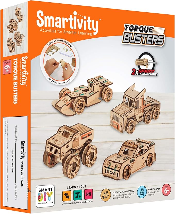 Smartivity Torque Busters 3D Wooden Car Engineering STEM Toy Building Set for Kids Ages 6 and Up Includes Rubber Bands Engineered Wood Components Instruction Manual Learner's Log