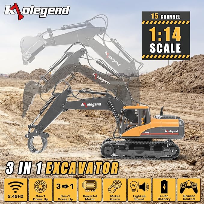 kolegend 3 in 1 Remote Control Excavator Toy 1/14 Scale RC Excavator 15 Channel Upgrade Full Functional Construction Vehicles with Tools Metal Breaker and Electric Gripper(Yellow/Black)