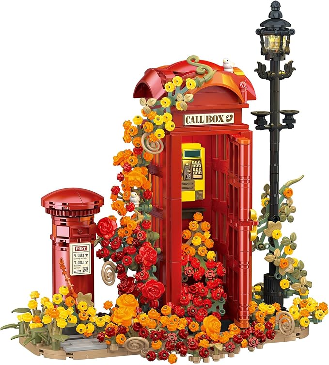Red London Telephone Box Building Blocks Set for AdultsIdeas Flowers Phone Booth Mailbox and streetlightsCreative Gift Home Office Retro Decor