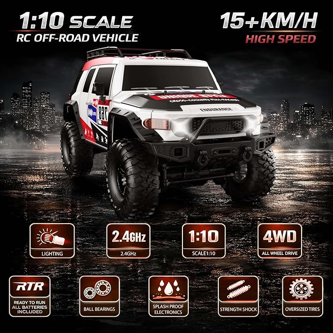 RC Cars RC Crawler 1/10 Scale RTR Remote Control Car 4WD 2.4GHz Brushed Offroad Racing Hobby Grade Model Vehicle with LED Lights 2Pcs Battery Toy for Kids and Adults