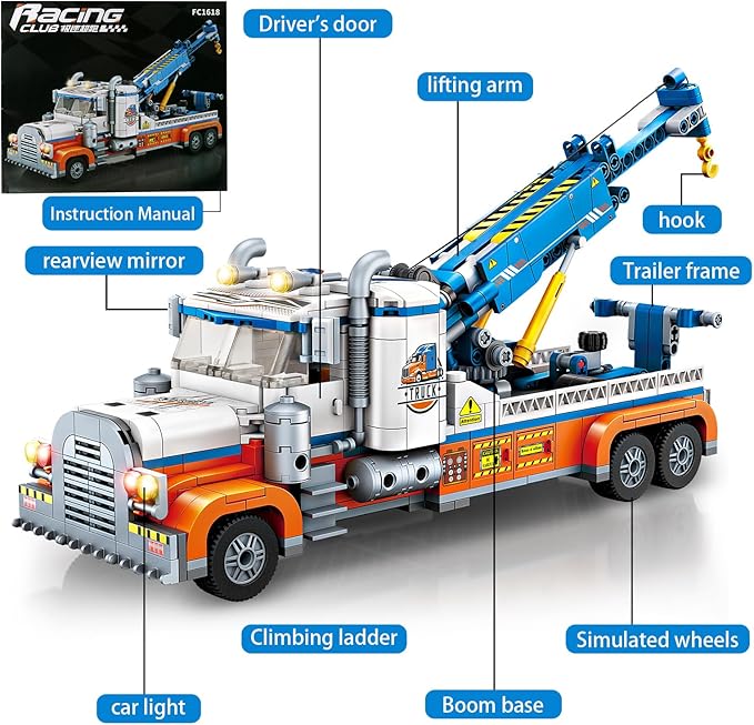 Tow Truck Building Block SetRoad Rescue Vehicle with Crane Toy Model Building KitCity Crane Construction Vehicles Building KItGifts for Kids Ages 6+