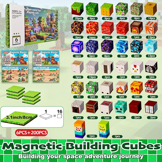 Magetic blocks-200pcs Magnetic Building Blocks Toys Set Magnetic Toys for Boys Girls Kids Ages 3 4 5 6 7 8Magnet STEM Games Christmas Birthday Gifts for Kids. (Mine Car Theme)