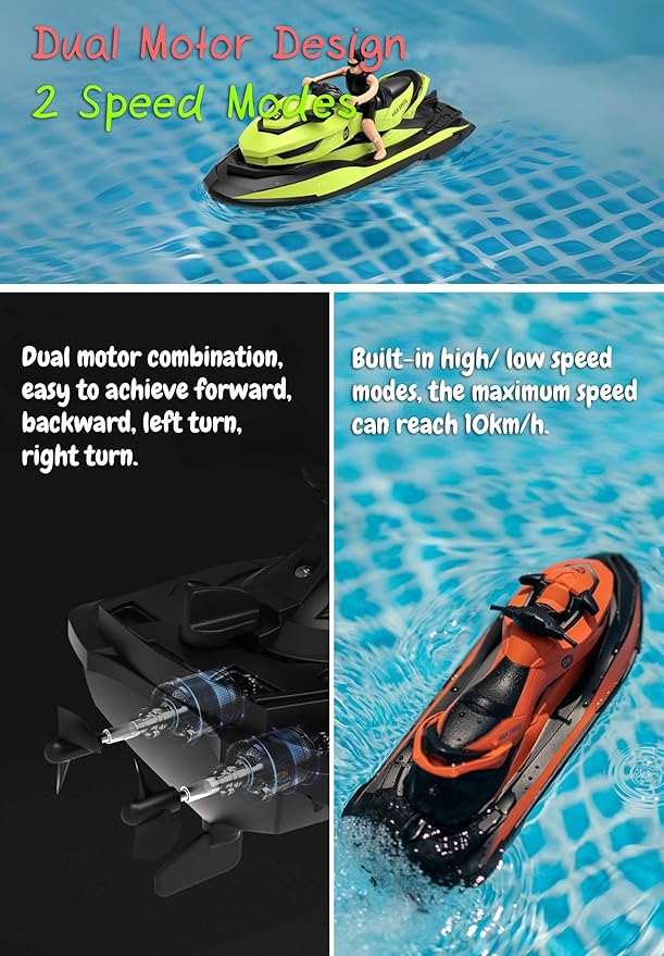 2.4 GHz RC Motorboat Dual-Motor 10 km/h High-Speed Electric Racing Jet Ski Toy 50 m Control Range 20 min Play Low-Battery Alarm Distachable Driver Figure for Kids &amp Adults (Blue)