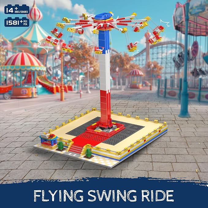 Mould King Flying Swing Ride Building Set Rotating Flying Chair Amusement Park Model Kit City Construction Building Blocks Set Home Decoration Gift for Teens Adults(1581 Pcs)