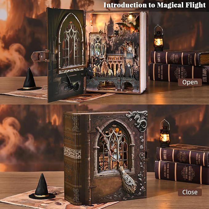 Book Nook Kit with LED Light Miniature House Kit for Birthday 3D Wooden Bookends Puzzle Bookshelf Decor for Adults Teens Beginners (Introduction to Magical Flight)
