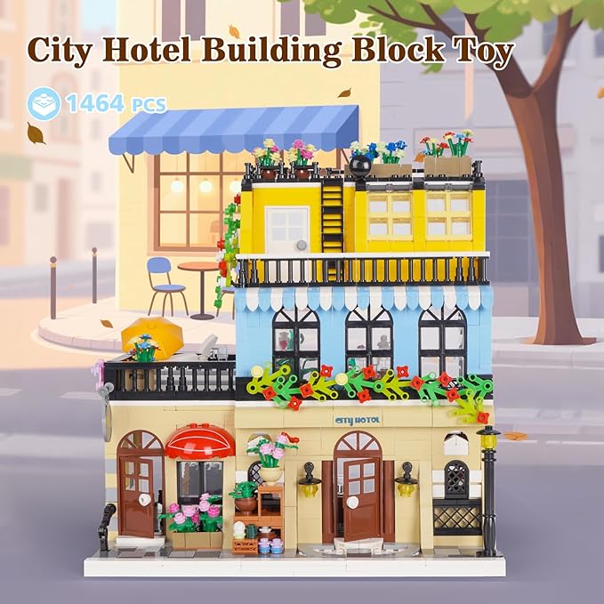 City Hotel Building Block Set Modular Architecture Flowers City Street View House Model Building Kit 1464 PCS