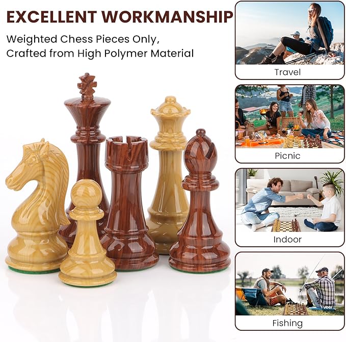 High Polymer Weighted Chess Pieces Only - 3.75'' King - Extra 2 Queens Standard Tournament Chessmen for Chess Board Game or Replacement of Missing Pieces (No Board) Storage Bag Included