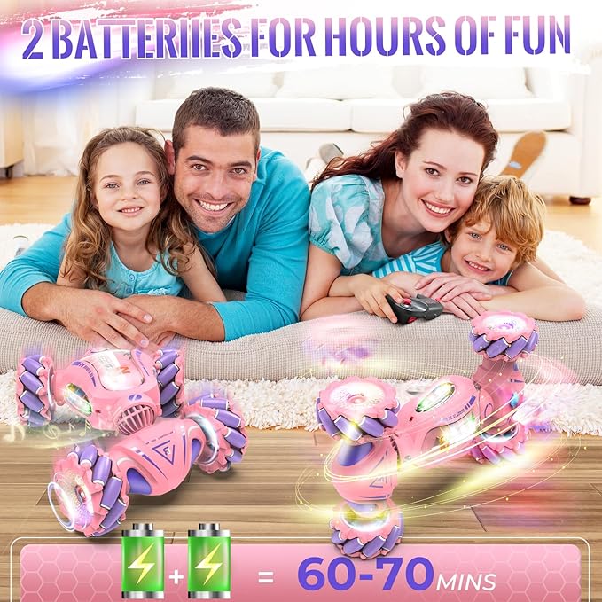 Pink Remote Control Car Toys Gifts for Girls 6-12 with Light &amp Music &amp Spray 2.4Ghz 4WD Double-Sided 360° Rotating Gesture Sensing RC Stunt Car Birthday for Girls Kids