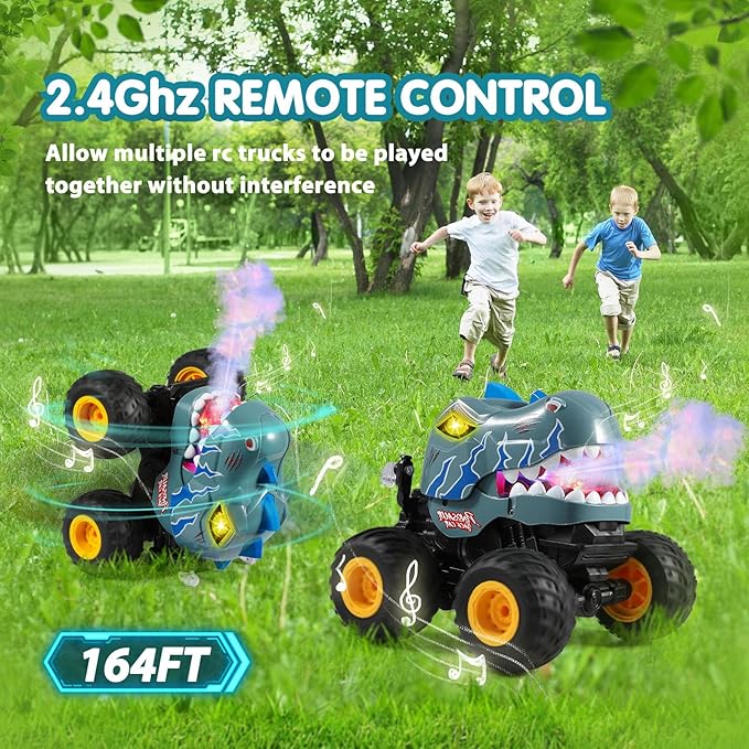 DYODYORC Remote Control Car 2.4Ghz All Terrain Dinosaur Monster Truck Toys RC Truck with Spay Music 360 Stunt Capable All Included Ready to Run Toy Gifts for Boys and Girls (Gray)