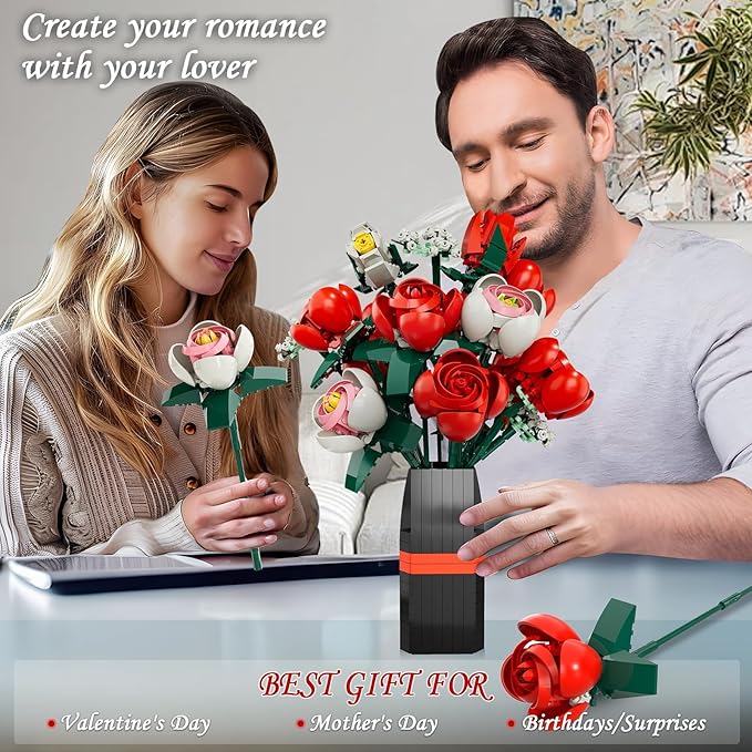 Flower Bouquet Building Set Artificial Roses Toy Building Set with Vase Building Blocks Flower Brick Toys for Home Office Decoratin Christmas Mother's Day or Valentine's Gifts 841 PCS