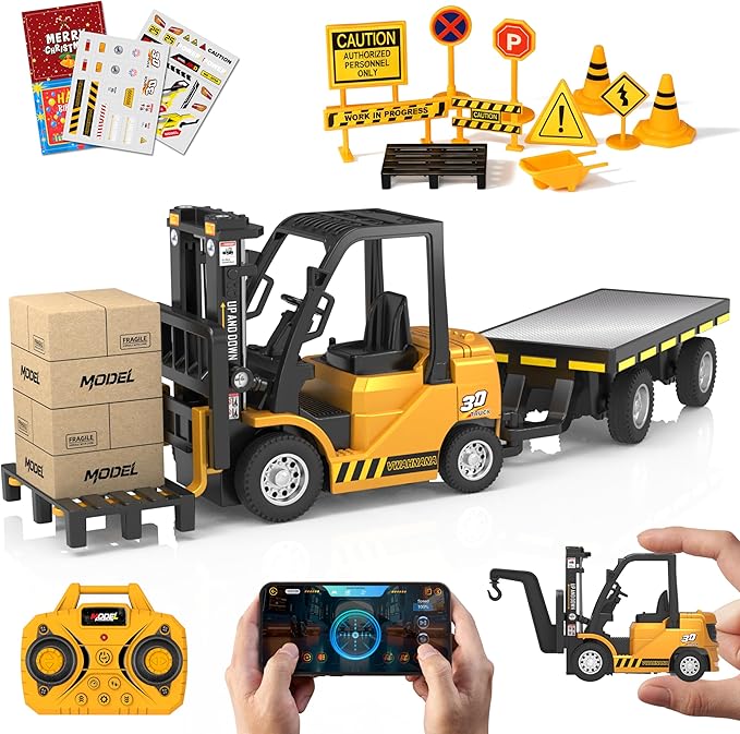1/64 RC Forklift Toy 3 in 1 Mini Forklift Remote Control &amp App Remote Control Forklift with Trailer &amp Fork &amp Hook 10CH Alloy RC Construction Vehicles Desktop Toy for Adults Kids Boys Gi