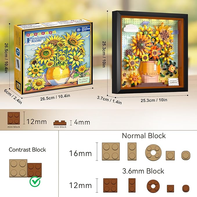 HOGOKIDS Flowers Sunflower Building Set with Lights - 807PCS Painting Frame Artwork Botanical Collection Mini Building Blocks for Home Dcor Wall Art Architecture Set Easter Gift for Adults Teens
