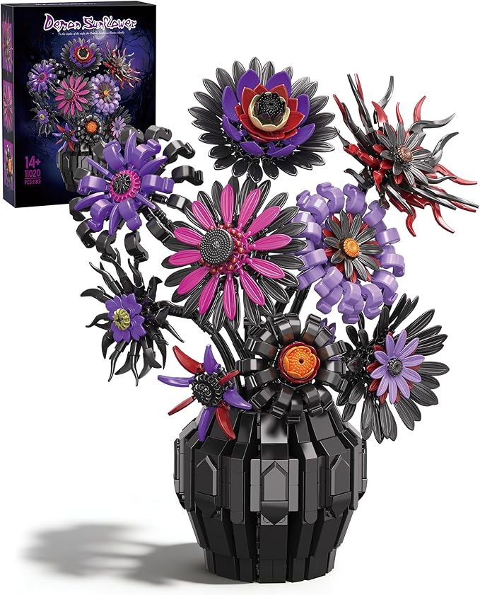 Dark Sunflowers Building Set with Vase Gothic Purple Flowers Van Gogh Sunflower for Home Decor Compatible with Lego Sunflower Botanicals Collection for Adults 1183 PCS
