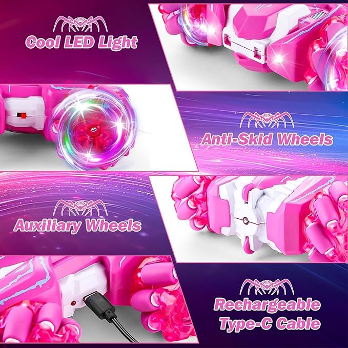 Spider Remote Control Car Double Sided 360°Rotating USB Direct Charging RC Cars with Cool Lights 2.4Ghz Drift RC Stunt Car 360°Rotating 4WD Off-Road Race Toys for 4-12 Boy Girl Kids Gifts(Pink)