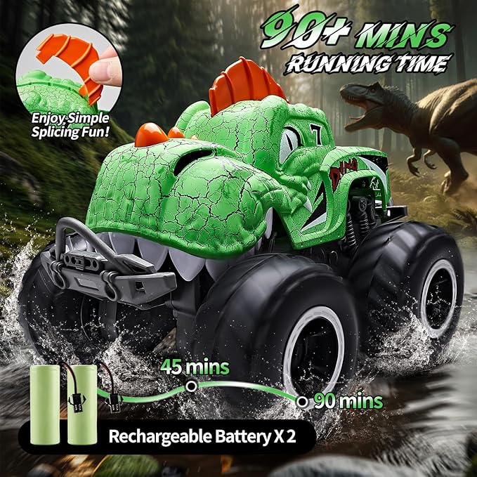 Monster Truck Toys 1:20 Waterproof Dinosaur Monster Trucks for Boys Age 4-7 2.4GHz All Terrain RC Cars with 2 Batteries 360° Rotating Stunt RC Car Toy Birthday Gift for Kids 3-5