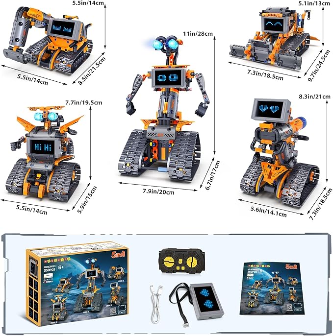 HOGOKIDS Robot Toys with LED Eyes &amp 18 Expression Building Sets 5-in-1 App &amp Remote Control Rechargeable Robotics Kit for Kids RC Programmable Projects Educational Gift for Boys Girls 8-14 Y
