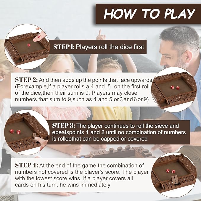 Shut The Box Game Wooden 1 2 3 4 Players Shut The Box Board Games with 8 Dice Math Addition and Pub Close The Box Game Wodden for Kids &amp Adults 12 Inch