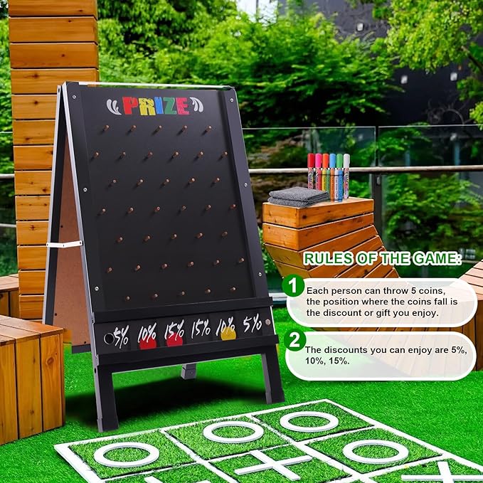 15.7x27.5in Foldable Prize Drop Game Board Double-Sided Coin Drop Game with Chalkboard Sign Includes 10 Coin Drop Discs Perfect for Store Events Parties Carnivals and Trade Shows