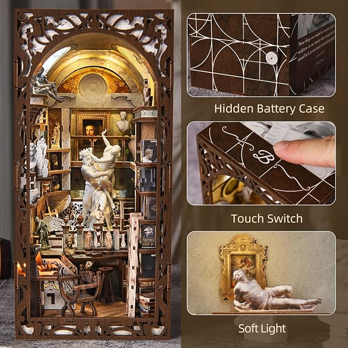 Book Nook Kit DIY Doll House Booknook Miniature Kit for Bookshelf Doll Houses for Adults Teen Halloween 3D Wooden Puzzle Bookends with Led Light and Dust Cover (Bernini's Workshop)
