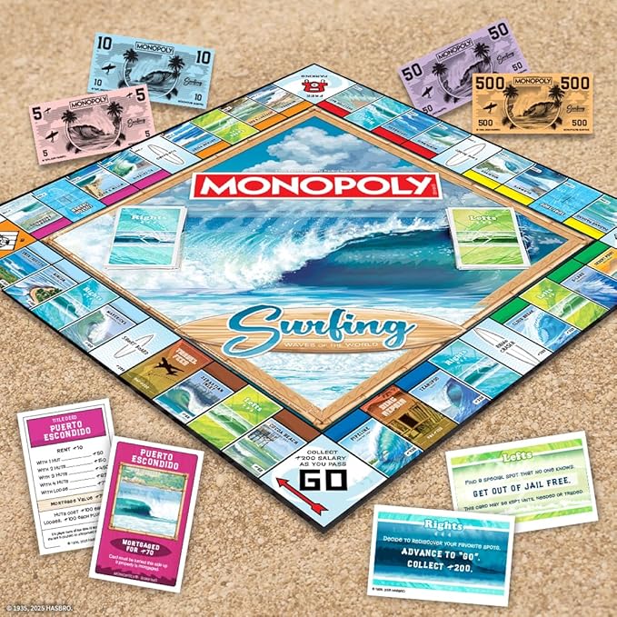 Monopoly: Surfing Waves of the World Board Game – Buy Sell Trade Iconic Surf Spots Like Pipeline &amp Superbank 6 Custom Beach-Themed Tokens Family Game for Beach Sports Fans &amp Collectors Ag
