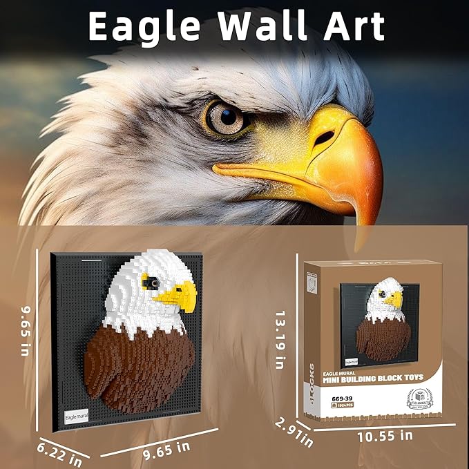 Mini Animals Building Blocks Set Eagle Mural - 3D Wall Art Eagle Micro Mini Building Block Bricks Toy Craft Kit Creative Ideals Collectible Architecture Deco Birthday Party Favor for Adult 1924PCS