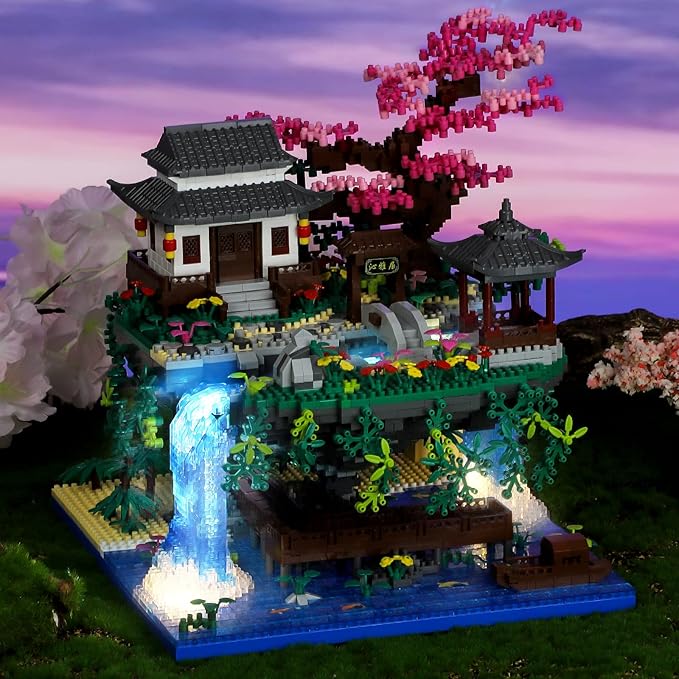 Peach Blossom Pond Micro Mini Building Blocks Set for Adults and Kids Chinese Architecture Cherry Bonsai Gift Toys with String Lights Japanese Flowers Tree House Micro Bricks (3320PCS)