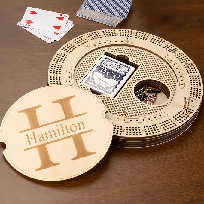 Personalized Wooden Cribbage Board Set Custom Engraved 4 Tracks Design with Name Includes 16 Metal Pegs and Deck of Cards Birthday Gift for Cribbage Lovers (Round)