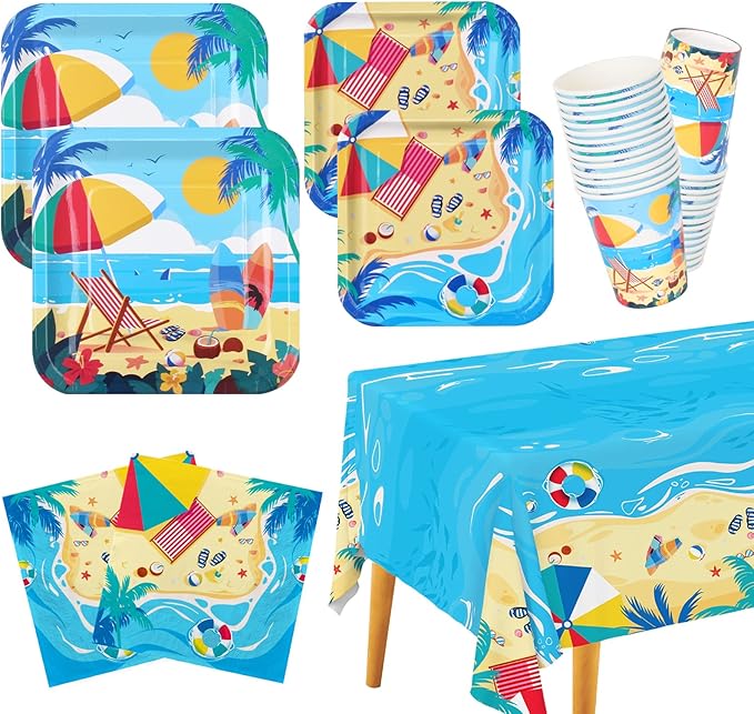 Beach Theme Party Supplies Summer Pool Pack Includes: Paper Dinner Plates Dessert Plates Luncheon Napkins Cups and Tablecloth for Hawaiian Party Birthday Decorations Serve 25