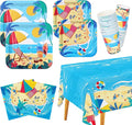 Beach Theme Party Supplies Summer Pool Pack Includes: Paper Dinner Plates Dessert Plates Luncheon Napkins Cups and Tablecloth for Hawaiian Party Birthday Decorations Serve 25