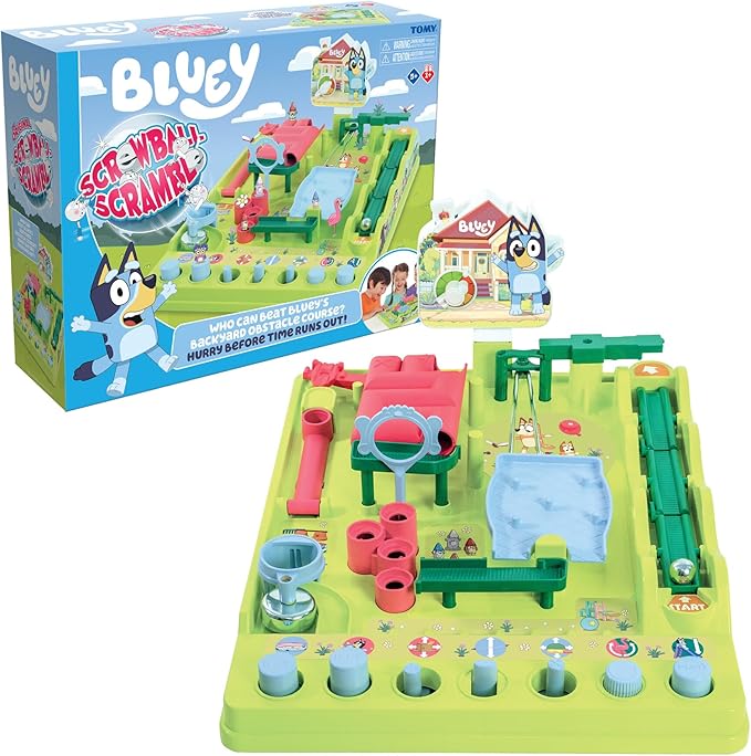 TOMY Bluey Screwball Scramble Marble Maze - Beat-The-Clock Obstacle Course &amp Marble Run - Skill &amp Dexterity Challenge - 1–4 Players - Ages 5+
