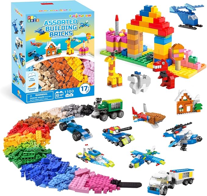 FUN LITTLE TOYS 1100 PCS Building Blocks for Kids 6-12 Creative Bulk Building Bricks Set for Open-Ended Play 147 Shapes 17 Colors Value Pack Compatible with Standard Baseplates