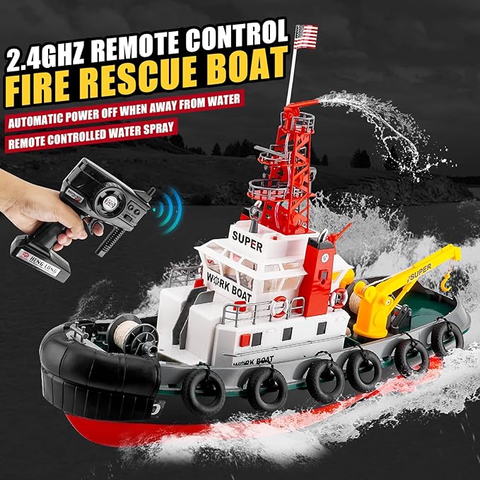 RC Boat HengLong 2.4GHZ US Fire Rescure Boat Remote Control FireBoat Water Spray with 2 Rechargeable Batteries Swimming Pool Lake for Age 14+