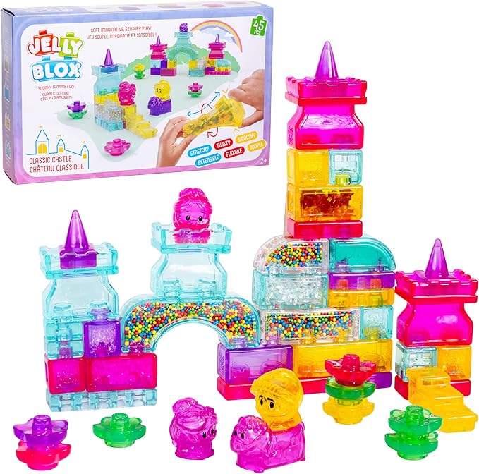 Jelly Blox Classic Castle Set | Includes 45 Pieces | Toddler &amp Preschool Building Blocks Kids Can Squeeze Stretch Squish | MESH ACCREDITED | Safety Tested &amp Ouch-Free | Sensory Play Toy for