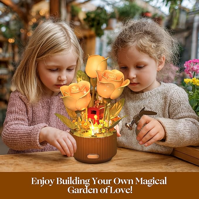 Magical Blooming Rose Building Set for Mom - Electric Moving Flower Blocks with Interactive Sound &amp LED Light Best Birthday for Women Grandma Wife