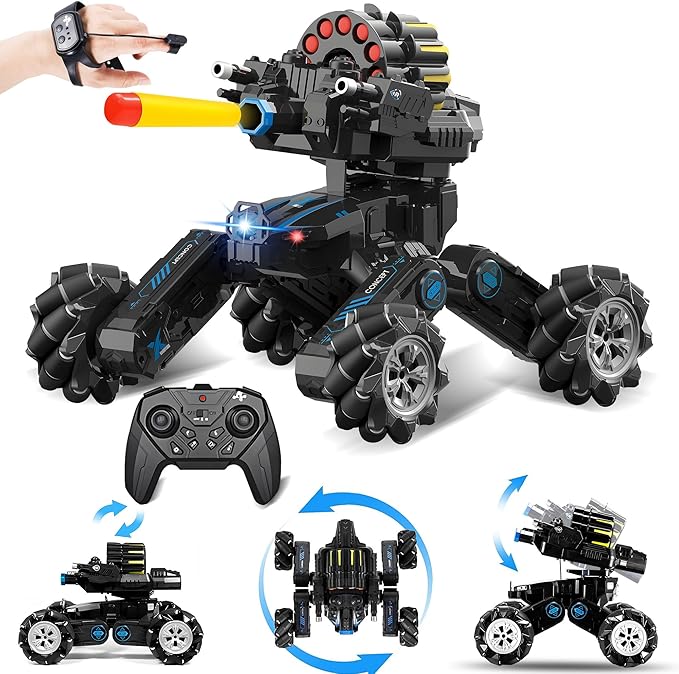 RC Tank Car with DriftHand Gesture Control Dual Mode Stunt Truck with Light Spray and Music 2.4Ghz Free Deformation Remote Control Fighting Bullets Vehicle for Kids