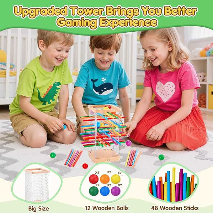 Montessori Wooden Board Games 48 Colorful Sticks Dice Game with 12 Balls Family Game for Kids and Adults Math Educational Toys for 3 4 5 6 Years Old Fine Motor Skills Toy Gifts for Boys and Girls