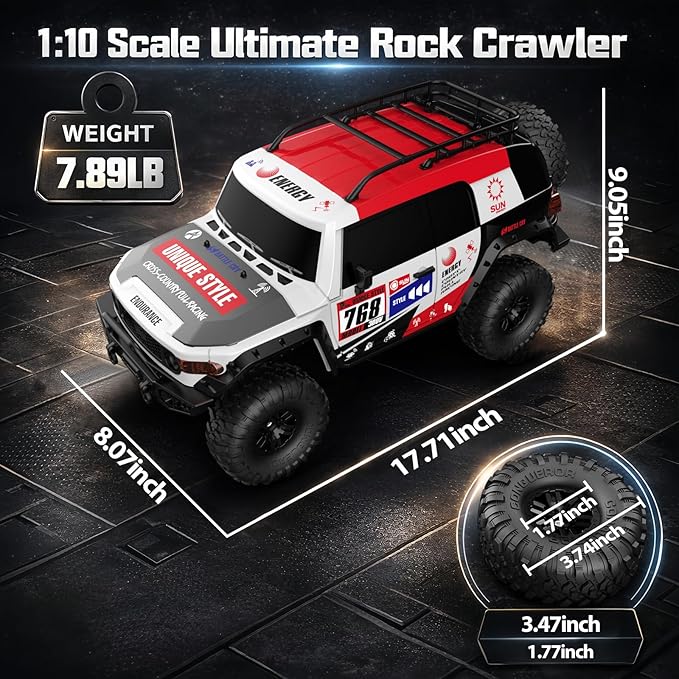 RC Cars RC Crawler 1/10 Scale RTR Remote Control Car 4WD 2.4GHz Brushed Offroad Racing Hobby Grade Model Vehicle with LED Lights 2Pcs Battery Toy for Kids and Adults