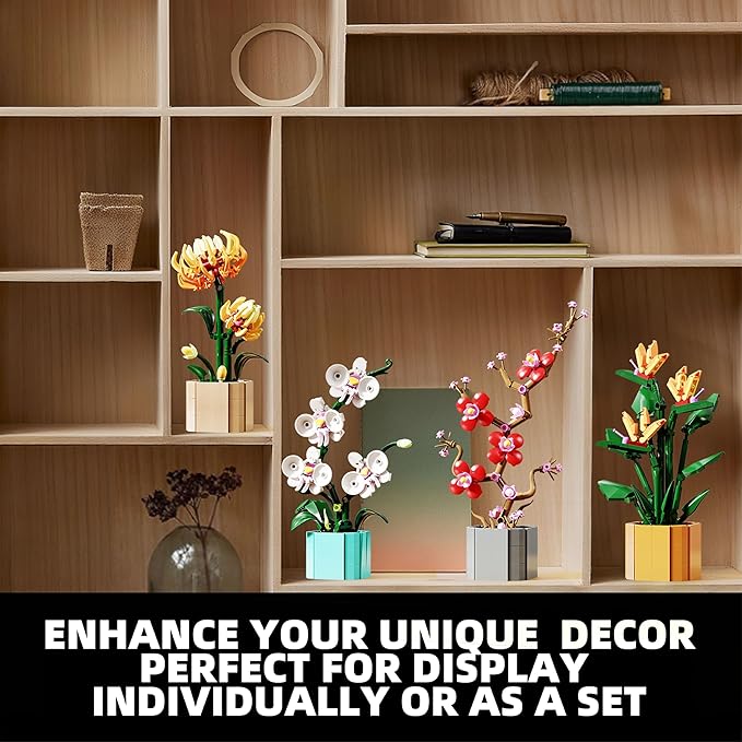 Flower Bouquet Building Blocks 4 Set Artificial Flowers Toys Botanical Collection DIY Unique Home&ampOffice Bonsai Decoration Adults Teen Girls for Birthday