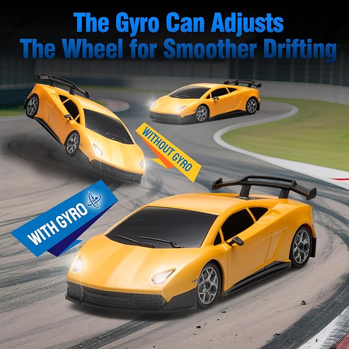 YONCHER Mini RC Drift Car with Gyro 1:43 4WD Full Proportional Remote Control Car Professional High Speed Drift RC Cars with Turn Signal Lights Racing Toy for Adults Kids Boys Yellow
