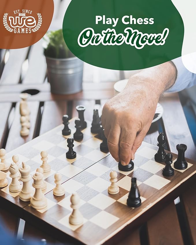 WE Games Chess Set - Tournament Style with 34 Pieces Vinyl Roll-Up Board Storage Bag &amp Equalizer Dice. Ideal for Adults