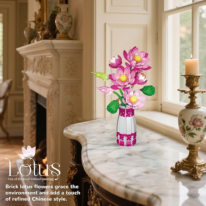 Lotus Building Set Flowers Bouquet with Vase Compatible with Lego Botanical Collection Pink for Women Adults 14 Years &amp Up Home Office Decor