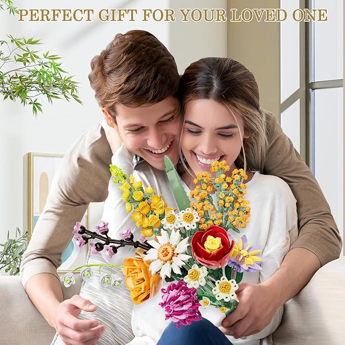 Flowers Bouquet Building Set 1070PCS Wildflower Botanical Collection Artificial Plant Flower Kit Toy for Adults Kids Women Her Home Decor Gift for Birthday Christmas Valentines(No Vase)