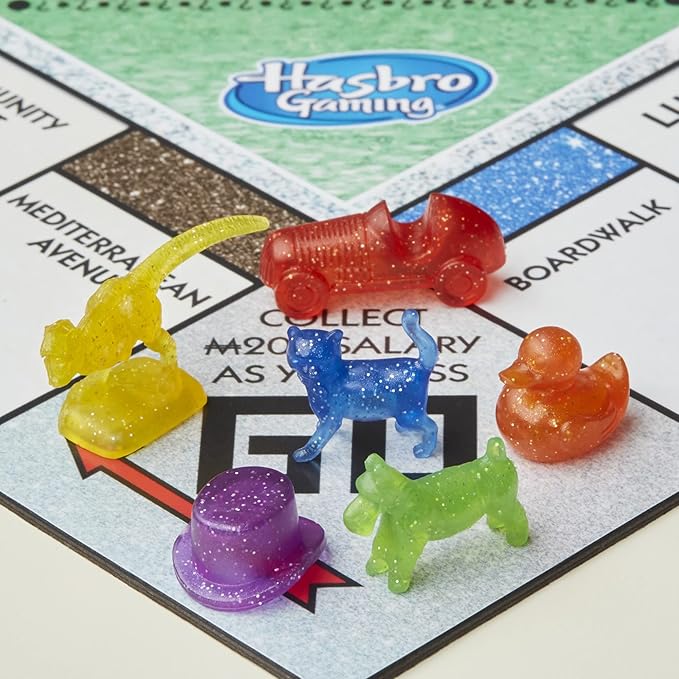 Hasbro Gaming Monopoly Sparkle Edition Board Game Family Games with Glittery Tokens Pearlescent Dice Sparkly Look (Amazon Exclusive)