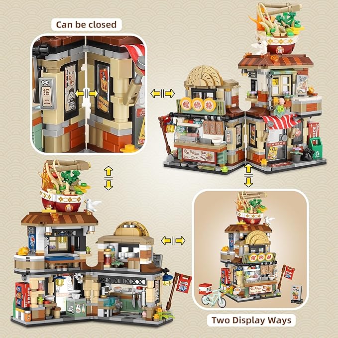 Street View Noodle Shop Mini Building Blocks MOC Creative Building Toys Model Set for Girls 7-9 Years Old 870 PCS Simulation Architecture Construction Toy Gift Idea for Kids Adults