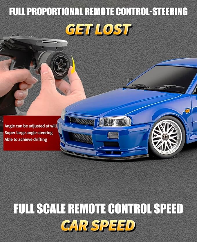 LD1899 1/18 RC Drift Car GTR R34 2.4GHz RWD with Gyroscope on-Road Alloy Body Shell Racing Cars Radio Control (Blue)